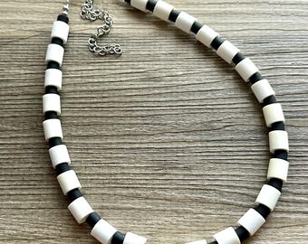 Black & White Statement Necklace single Strand Beaded jewelry, bridesmaid bib wedding striped, white striped necklace resin beads