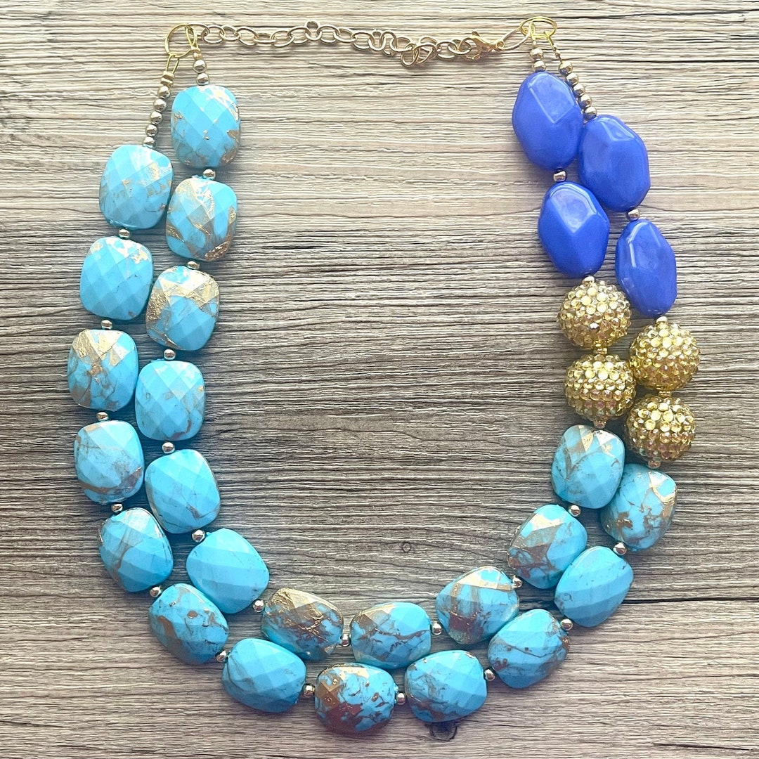 Gold & Blue Big Bead Necklace, Multi Strand Statement Jewelry, Layered