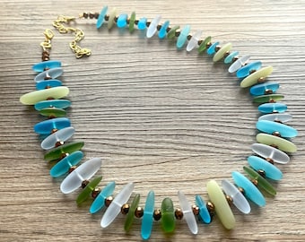 Chunky Earth Tone Sea Glass Statement Necklace, glass Beaded Jewelry, Blue jewelry, baby blue necklace, blue green bronze necklace