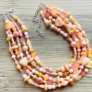 Chunky Multi Strand Peach Statement Necklace, pink - orange beaded jewelry, peach necklace, thick coral jewelry, peach bridesmaid 5