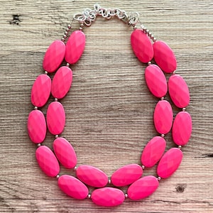 Chunky Pink Necklace, multi strand colorful jewelry, big beaded chunky statement necklace, hot pink magenta dark pink earrings set