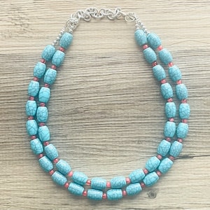 Turquoise Coral Big Beaded Statement Necklace, blue jewelry, teal beaded necklace jewelry, necklace, stone gemstone chunky beaded bib