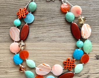 Atomic Berry Chunky Multi Strand Orange & Blue Statement Necklace, OOAK beaded jewelry, red orange rosegold aqua blue mint green necklace