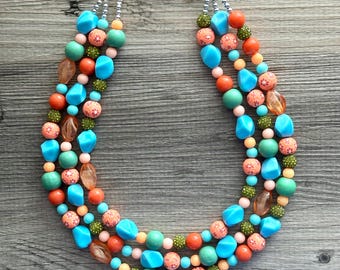 Tropical Seabreeze Painted Beaded Necklace, Colorful Jewelry Chunky statement necklace resin beaded, orange olive green turquoise blue