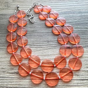 Orange Resin Chunky Statement Necklace, Big beaded jewelry, Double Strand Statement Necklace, Bib necklace bridesmaid transparent silver