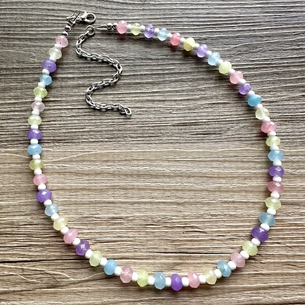 Gelato Scoop Gemstone Single Strand Beaded Statement Necklace, purple beaded necklace, pink bridesmaid jewelry layering white yellow blue