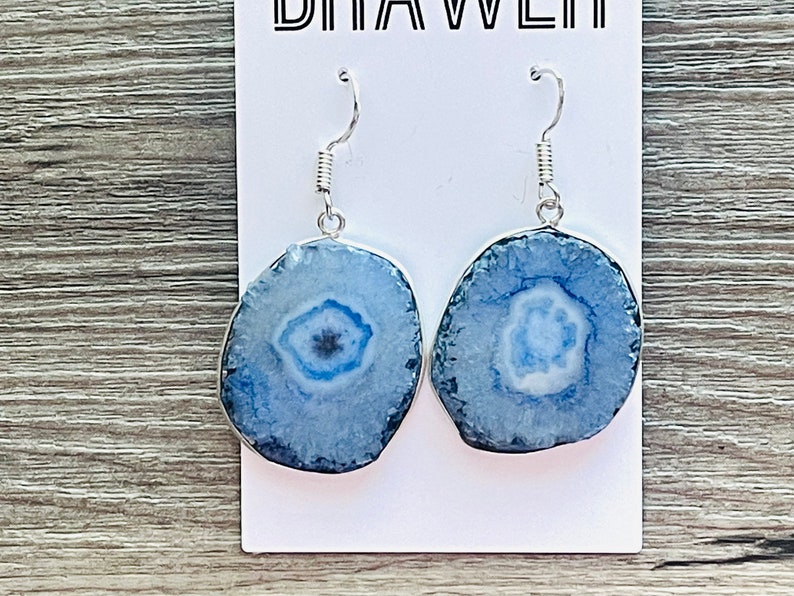 Royal Blue & Silver Agate Slice drop bead earrings, blue beaded statement earrings, dark blue jewelry, blue geometric earrings image 5