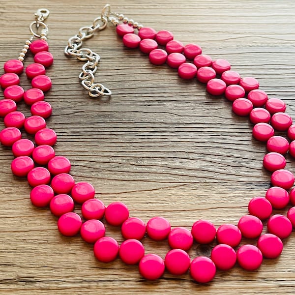 Hot Pink Double Statement Necklace, Chunky Jewelry Big Beaded Necklace, dark pink Necklace, magenta Jewelry bubble