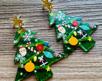 Orecchini pendenti a forma di albero di Natale, in vetro dorato e verde, con ganci in acciaio inox, gioielli da donna per Natale, festa di Natale, Babbo Natale segreto, Misura unica, Vetro