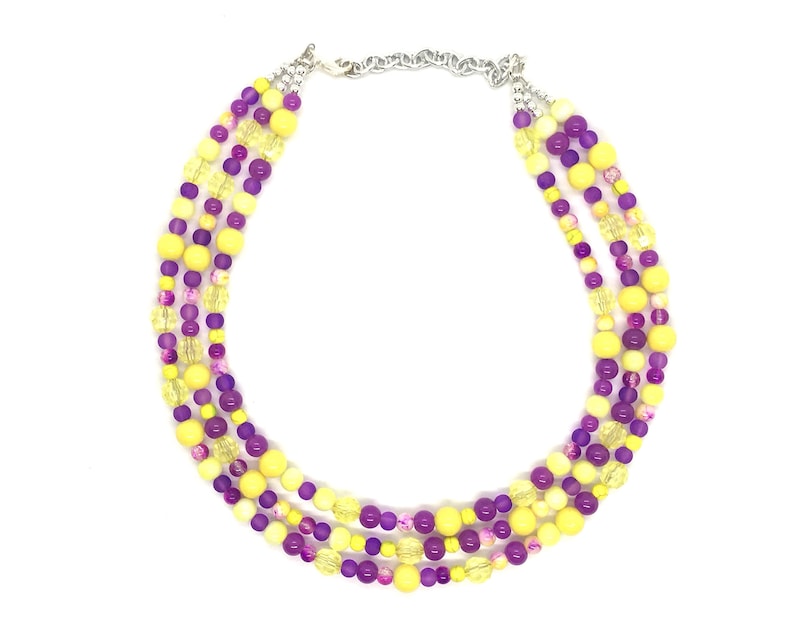 Triple Strand Beaded Jewelry eggplant jewelry Purple /& Yellow Chunky Statement Necklace Minnesota bridesmaid purple yellow wedding