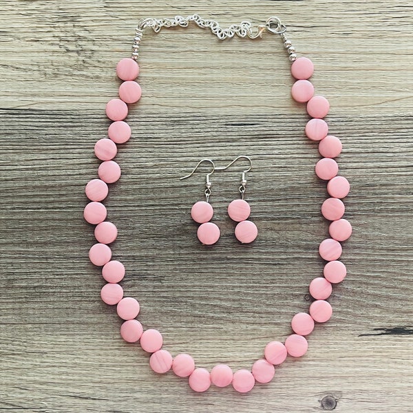 Blush Pink Double Statement Necklace, Chunky Jewelry Big Beaded Necklace, light pink Necklace, baby pink Jewelry bubble Earrings