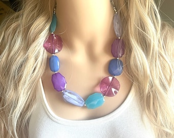 Mermaid chunky necklace, turquoise blue beaded jewelry, resin beaded periwinkle necklace, pink beaded necklace, royal purple lavender