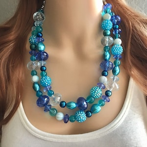 Blue Watercolor Beaded Necklace, teal & royal blue necklace, blue statement necklace, chubky blue beaded necklace, teal necklace turquoise