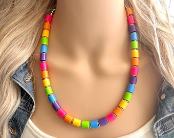 Rainbow NEON Channel Statement Necklace, resin chunky 1 strand jewelry, green purple necklace, single strand silver necklace thick layering