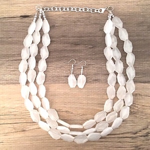 3 Layer White statement necklace with silver accents, bib jewelry cloudy white necklace, white jewelry, white beaded necklace, chunky white