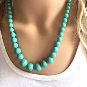 Turquoise Beaded statement necklace, thick chunky graduated bead blue green jewelry, turquoise long necklace jewelry, green earrings