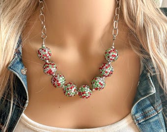 Christmas green Statement Necklace, Bling Rhinestone Christmas jewelry, green bib chunky necklace green silver red white