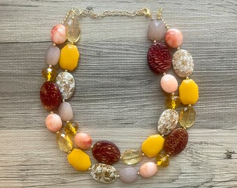 September Golden Necklace, double strand jewelry, big beaded chunky statement necklace, bridesmaid purple mustard yellow red