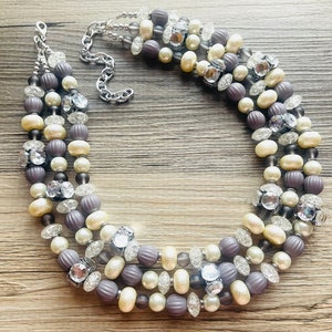 Metallic Egyptian Cream Necklace, 3 Strand Statement Jewelry, Chunky bib bridesmaid everyday bubble jewelry, rhinestone beaded