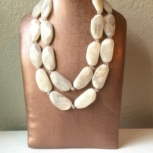 Big Bead Cream Necklace - Double Strand Statement Jewelry - Off White Chunky Bib Bone Necklace