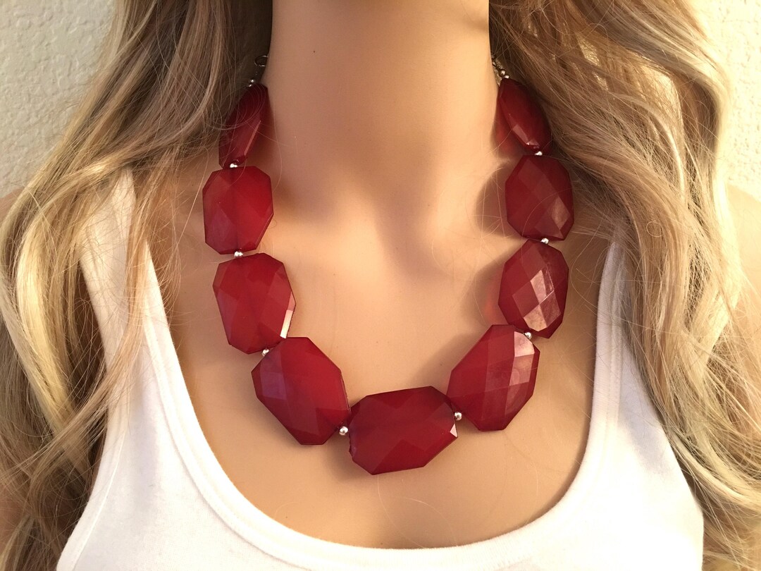 Dark Red Big Beaded Statement Chunky Necklace Wine Red Necklace