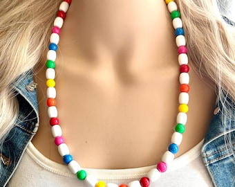 Vintage Rainbow Long Statement Necklace, Ball Beaded Jewelry, silver accent chunky single strand long jewelry layering white colorful art