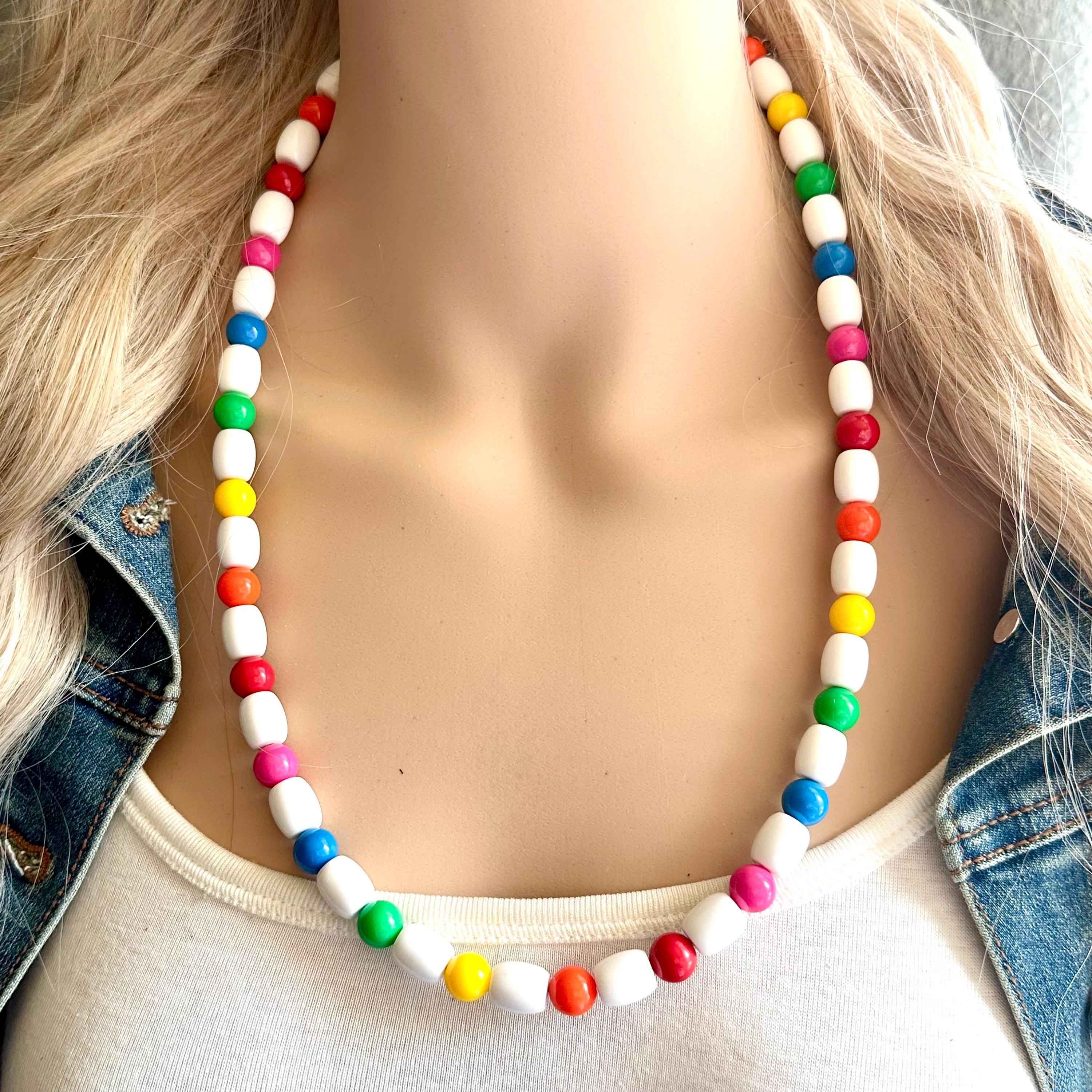 Vintage Rainbow Long Statement Necklace, Ball Beaded Jewelry