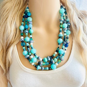 Green & Blue Statement Necklace, chunky bib beaded jewelry, navy royal blue necklace, dark blue beaded acrylic mint silver aqua turquoise