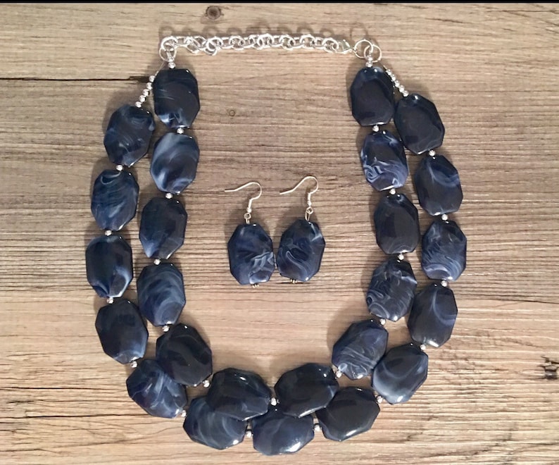 Navy Blue Statement Necklace Chunky Jewelry Big Beaded Double Etsy