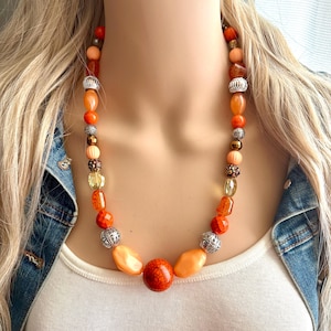 Orange Chunky Statement Halskette, Lätzchen Perlen Schmuck, Creamsicle Color Block Halskette, Orange Silber Gold