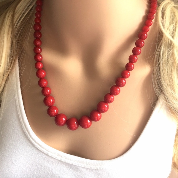 Red Beaded statement necklace, extra chunky graduated bead red jewelry, crimson long necklace jewelry, red earrings jewelry set