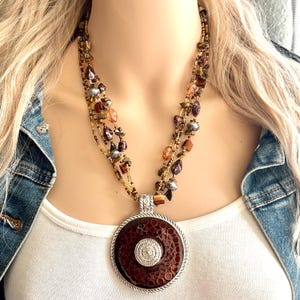 Vintage 90’s Chocolate Brown necklace, silver acrylic beaded statement necklace, everyday neutral chunky layering multi strand jewelry