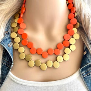 Bright Orange & Gold Statement Necklace, fall colors Zig Zag Gold Necklace, 2 Strand Statement, vintage wood chunky geometric painted