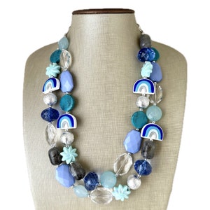 Aqua Blue Double Strand Statement Necklace, Chunky light blue Oval Beaded Bib Jewelry, periwinkle jewelry, baby blue jewlery necklace