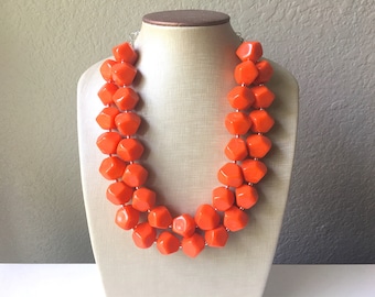 Bright Orange Chunky Statement Necklace, Big beaded jewelry, Double Strand Statement Necklace, Bib necklace, orange bridesmaid wedding silve