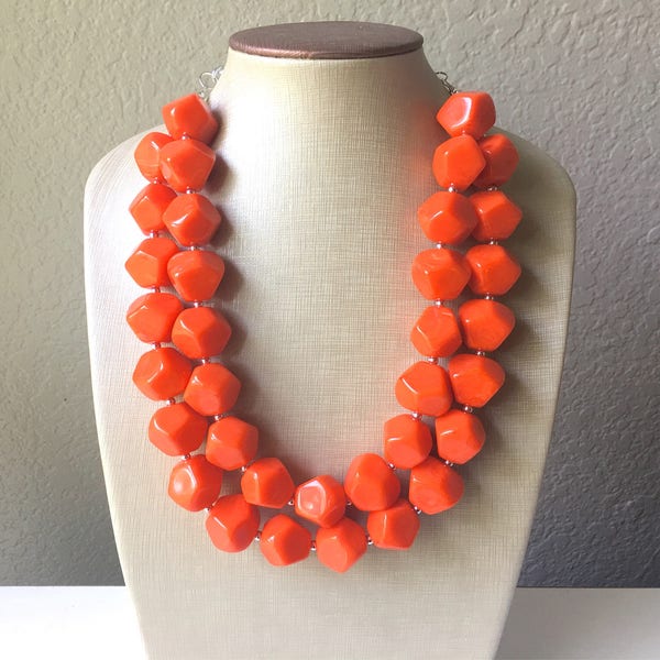 Bright Orange Chunky Statement Necklace, Big beaded jewelry, Double Strand Statement Necklace, Bib necklace, orange bridesmaid wedding silve