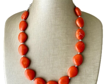 Bright Orange Statement Necklace, Chunky Beaded Necklace, orange Jewelry, layering necklace, bead Necklace, earrings neon geometric jewelry