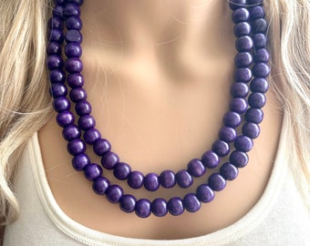 2 Strand Wood Beaded Necklace, eggplant Jewelry Chunky statement necklace, purple big beaded necklace jewelry, natural smooth wood
