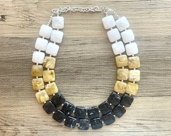 Black White and Tan Statement Necklace, chunky beaded jewelry, neutral necklace, black and white necklace, beaded jewelry, black necklace