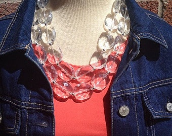 Clear Crystal Statement Necklace - Faceted Oval Beaded Everyday neutral jewelry - silver accents chunky bib necklace