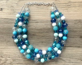 Deja Blue Statement Necklace, chunky bib beaded jewelry, navy royal blue necklace, dark blue beaded acrylic jewelry white mint sky blue