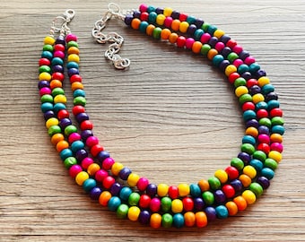 Cobblestone Chunky Rainbow Beaded Necklace, 3 Strand Colorful Jewelry statement necklace, wood big beaded necklace, rainbow jewelry baby