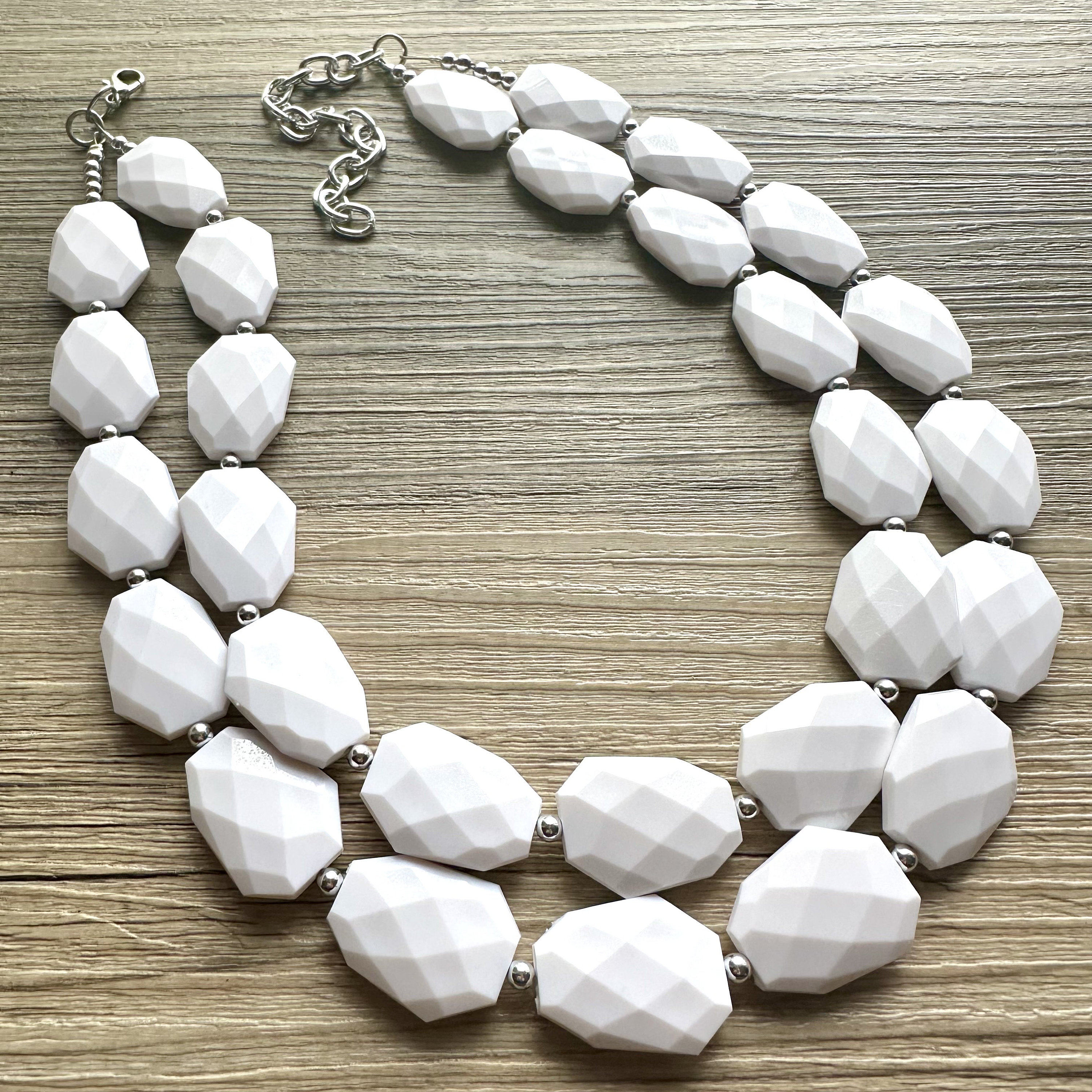 White Statement Jewelry Set, Chunky Beaded Necklace, White Jewelry 