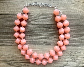 Pfirsich Doppelstrang Halskette, Rosa Perlenkette, silber Sommer Schmuck, Lätzchen Rosa Pfirsich Orange