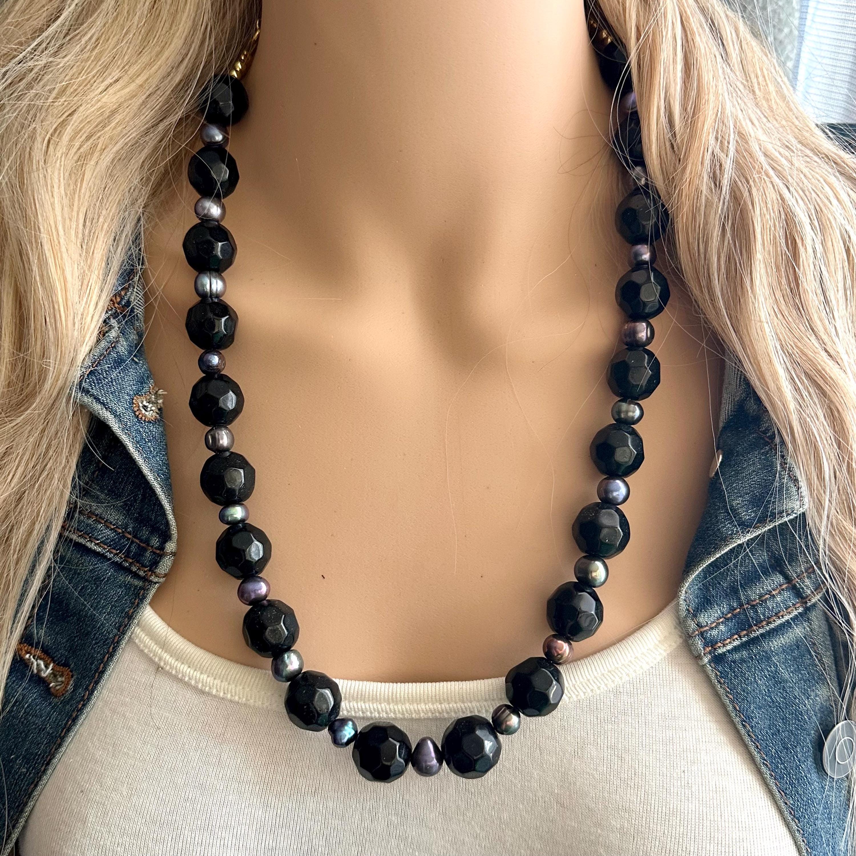 ロングブラックパール＆ガラスビーズステートメントネックレス、チャン 