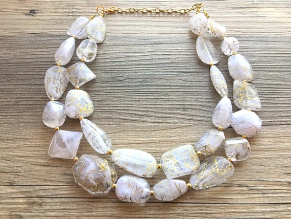 Gold Goddess chunky statement necklace, big beaded jewelry, gifts for women  bib jewelry Multi-Strand Nugget metallic resin gold painted