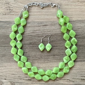Lime Green Double Statement Necklace, Chunky Jewelry Big Beaded Necklace, sunshine neon green Necklace, earrings Jewelry Geometric set