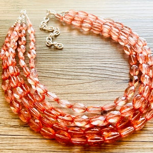 Translucent Coral 5 strand statement Necklace, Peach Beaded Necklace, summer silver jewelry, bubble bib neutral layer coral pink