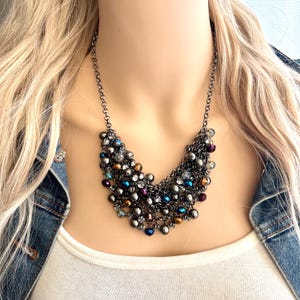 Fireworks & Jewels Statement Necklace, Chunky 1 Strand Jewelry, black vintage gray bib beaded blue purple thick collar bead metal layering