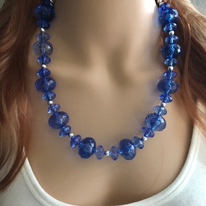 Royal Blue Single Strand Statement Necklace, Chunky Royal Blue Oval Beaded Bib Jewelry, blue jewelry, dark blue jewlery necklace silver